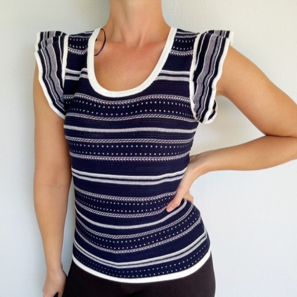 Philosophy navy white textured stripe flutter sleeve knit sweater top size small